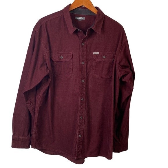 Eddie Bauer Maroon Cross Cut Corduroy Cotton Button Up Shirt Front Flap Pocket - Picture 2 of 16